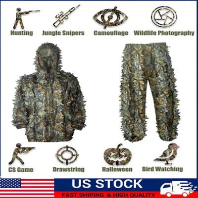 Camo Ghillie Suit Hunting Camouflage 3D Leafy Hooded Jacket Pants Clothes Fr Men • $18.89