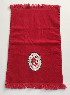 Fieldcrest Vintage Christmas Hand Tea Towel Red Embroidered Poinsettia Fringe • $8