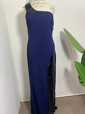 Aidan Mattox Crepe & Sequin One-Shoulder Gown - Navy Size 14 • $69.99