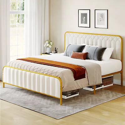 Upholstered Bed Frame King Size With Tufted Headboard Platform Bed Wooden Slats • $169.98