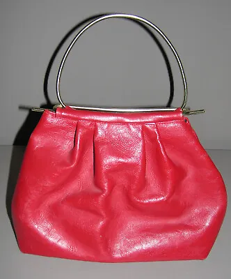 Vintage 60s Red Leather Ring Handle Framed Purse Handbag Mod Mid Century • $10