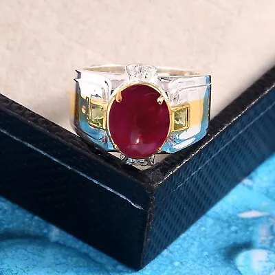 Natural Cabochon Ruby & Peridot Gemstone 925 Sterling Silver Men's Ring #5875 • £80.09