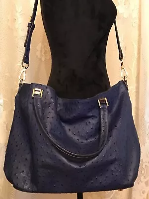 G.I.L.I. Navy Blue Ostrich Embossed Leather Convertible Tote/Crossbody A273749 • $79.99