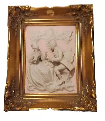 Alt Meissen Bisque Porcelain Rococo Couple Wall Plaque ~ Pink Back In Gold Frame • $200