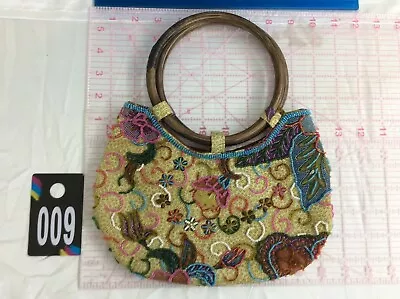 $52 • Buy Treesje Floral Beaded Beads Flowers Handbag Satchel Purse W/ Solid Wood Handles