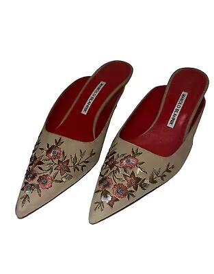 Manolo Blahnik Ornella Embroide Red Suede Mule • $400