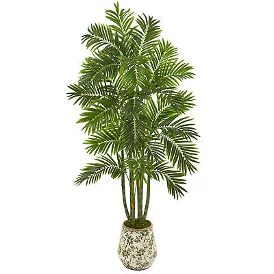 Artificial 6 Ft. Areca Palm Tree In Vintage Green Floral Planter • $299.99