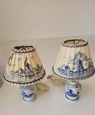 2 Vintage Delft Petite Mini Table Lamp With Windmill Design And Matching Shade • $45.99