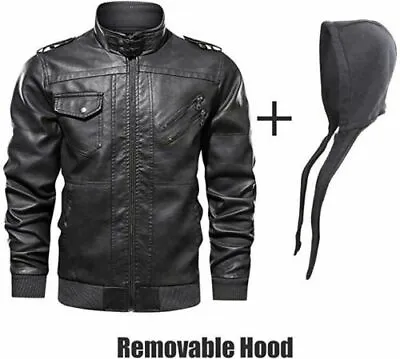 Men's Leather Jacket Vintage Tops Coat Warm Hooded Outwear • $86.44