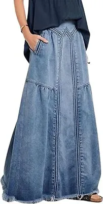 Women's Retro Elastic High Waist Frayed A-Line Maxi Denim Skirt With Pockets • $21.99