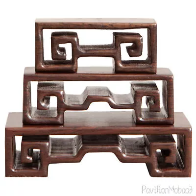 3 PC Ebony Wood Carved Rack Bonsai Pot Statue Vase Craft Display Stand Miniature • $33.97