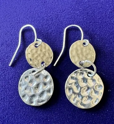 Hammered Disc Silver Drop Earrings Dangly Double • $10