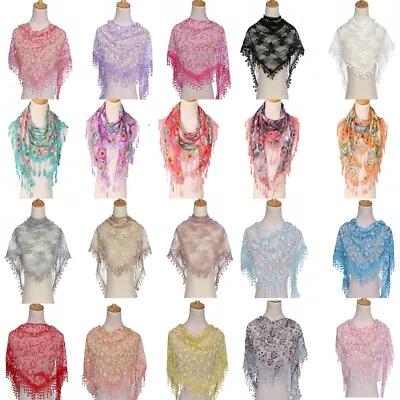 Women Lace Floral Triangle Scarf Sheer Tassel Shawl Scarves Elegant Head Wrap U↷ • $3.35