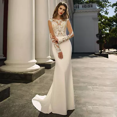 Sexy Mermaid WeddingDress Boat Neck See-through Lace Appliques SweepTrain Bridal • $204.27