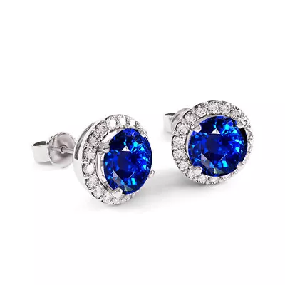 Lab Created Sapphire &White Topaz Halo Stud Earrings 925 Stamped Sterling Silver • $9.99