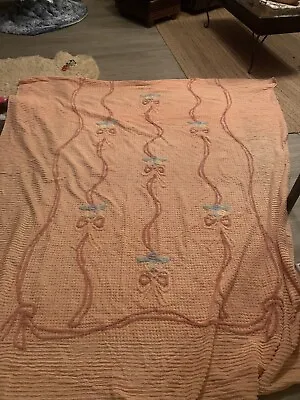 Vintage Chenille Bedspread Coverlet Blue Bows Apricot/Peach Full/double 84X94 • $54.99