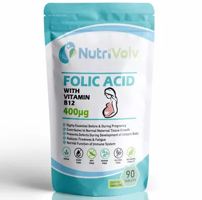 £3.69 • Buy Folic Acid 400µg With Vitamin B12 - 90 Tablets - Pregnancy & Tiredness Support