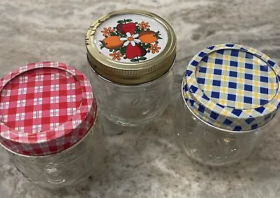 Vintage 3 - 1/2 Pint Fruit Embossed Canning  Jelly Jar Retro Fruit & Flower Lid • $16