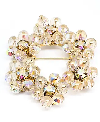 Austrian Crystal Flower Aurora Borealis Rhinestone Vintage Circle Brooch Estate • $30.40