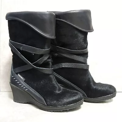 Oscar Sport Black Fur Boots Mid-Calf With Wedge Heel Size 40  Made In Italy • $139.95