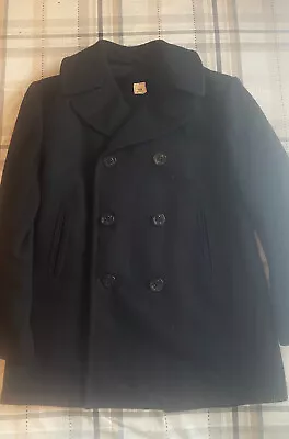 Vintage US Navy Double Breasted Wool Black Pea Coat 44R W/ Anchor Buttons Mens • $71