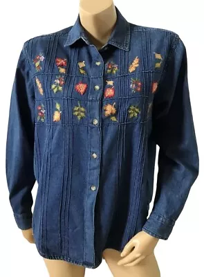 VICTORIA JONES Womens Petite Size PM Vintage Denim Blue Jean Button Front Shirt • $21.20