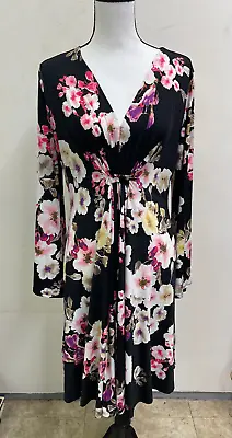 Marc Bouwer Jersey Dress Womens Size M Ruched Front Floral Knit Flared Sleeve • $12.99