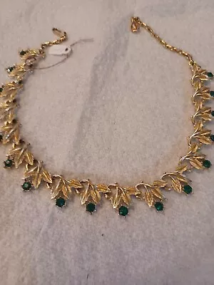 Beautiful Vintage CORO Signed Green Rhinestone Gold Tone Necklace  • $44.99