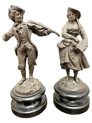 Vintage Bronze Sculpture Violin Mozart Man Lady On Wooden Bases Statues • $49.99