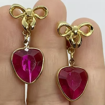 VTG 80s PINK HEART ACRYLIC JEWEL BEZEL GOLD BOW DANGLE RETRO EARRINGS CLIP-ON • $14.95