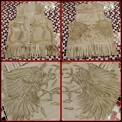 Vtg Tan Suede Leather Vest Fringe Country Western LARGE / XL Handmade COCK FIGHT • $79.99