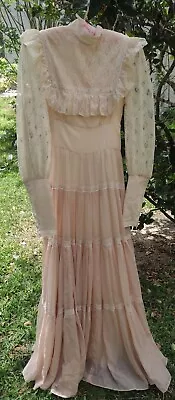 Vintage 70's Gunne Sax Prairie Boho Long Dress Peach Pink & Cream XS-S • $165