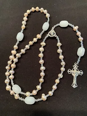 Rosary Pink Freshwater Pearls Silver Tone Crucifix Catholic 53 Beads Vintage • $44.99