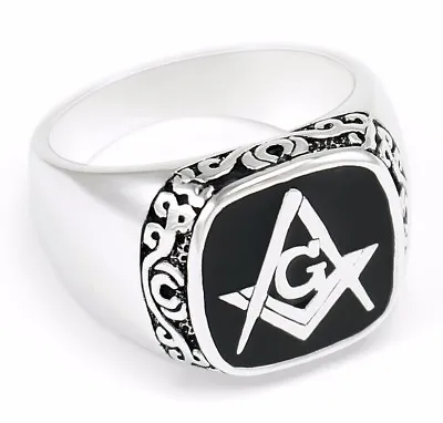 Masonic Sterling Silver Ring With Black Square & Compass | Freemasonry Gifts • $47.99