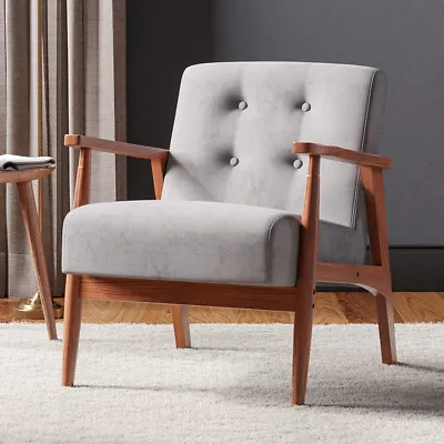 Scandinavian Wooden Frame Fabric Armchair Button Upholstered Accent Lounge Chair • £99.95