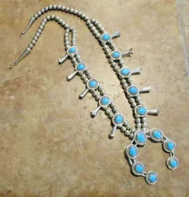 26  DELIGHTFUL Vintage Navajo Sterling Silver Turquoise SQUASH BLOSSOM Necklace • $669