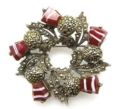 Vintage Miracle Signed Scottish Thistle Red White Art Glass Marcasite Pin Brooch • $45