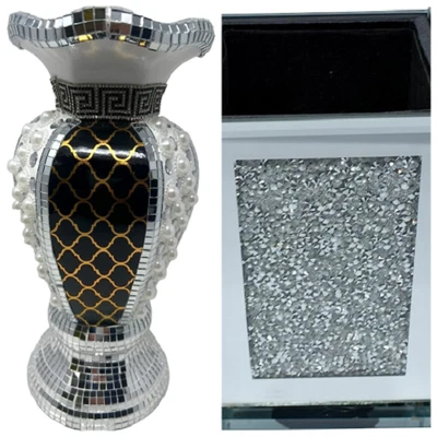 £18.99 • Buy Crushed Diamond Shiny Mirror Vase Sparkle Ornament With Floral Design