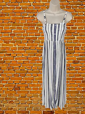 Womens H&m Mama Size Large L Navy/white Stripe Maxi Maternity Beach Sun Dress • £7.99