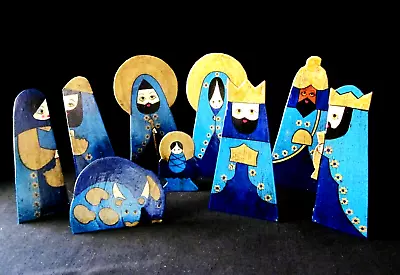 Vtg. 9 Piece Nativity Scene Wood/Paper Handmade Mexico Signed By Artist 7  Tall • $69.99