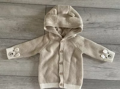 Baby Oatmeal Knitted Hooded Cardigan Cute Bear Ears Cuffs 0-3 Months TU NEW • £2.99