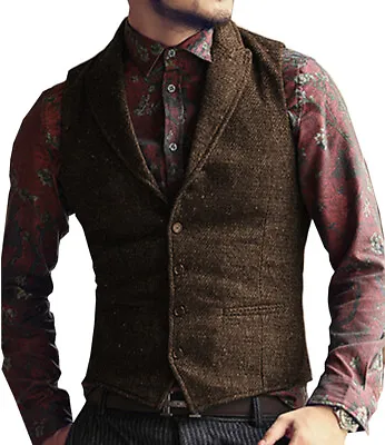 Mens Tweed Waistcoat Herringbone Retro Vest Vintage Peak Notch Lapel XS-3XL • $20.68