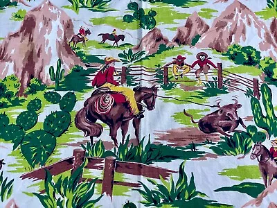 Cactus Horses Western Cowboy RODEO 50's Barkcloth Bedspread Vintage Fabric • $350