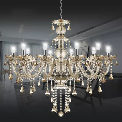 10 Arms Chandelier Cognac Crystal Glass Ceiling Light Droplets Pendant Lamp • £92.99