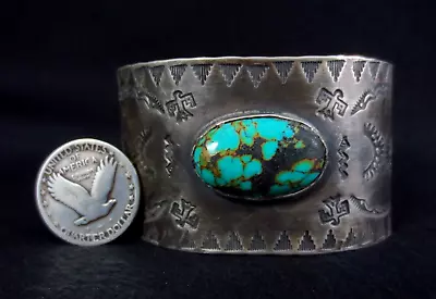 Vintage Navajo Wide Cuff Bracelet - Coin Silver & Turquoise Thunder Birds/Snakes • $389