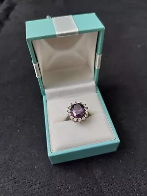 Diamonique Sterling Silver Ring Large Amethyst Cubic Zirconia Cluster • £35