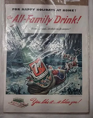 Saturday Evening Post AD Santa Reindeer Sleigh 7-UP Bottle Holiday Home Decor • $7.87