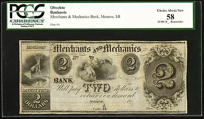 $2 MONROE MI  Merchants & Mechanics Bank  Remainder   PCGS Choice About New 58 • $95