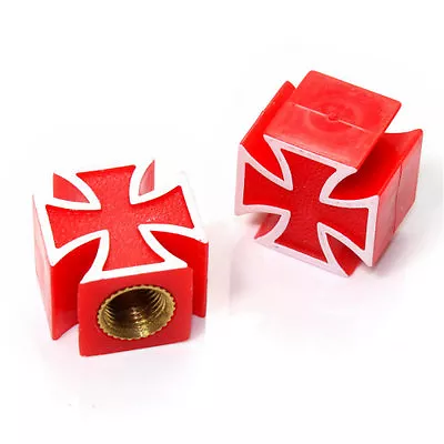 2 Red Iron Cross Wheel Tire Pressure Air Stem Valve Caps For Motorcycle-Bike • $6.75