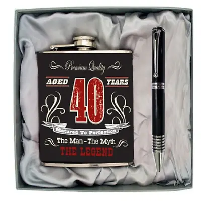 40th Fortieth Black Birthday Milestone Stainless Steel Hip Flask & Pen • $29.95